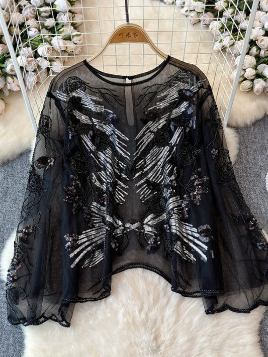 Sequin decoration see-through pullover X2769