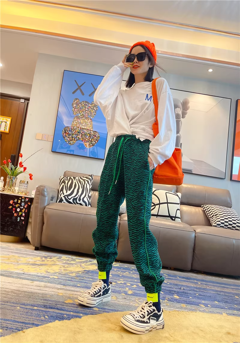 秋季豹紋高腰修身抽繩慢跑運動褲 X3501