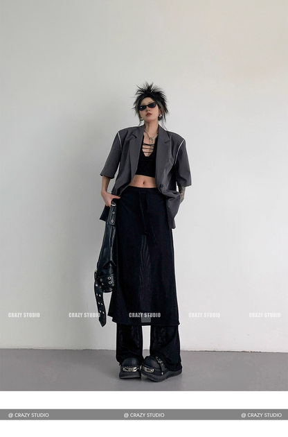 Layered Mesh Panel Drawstring Flared Skirt Pants　X3342