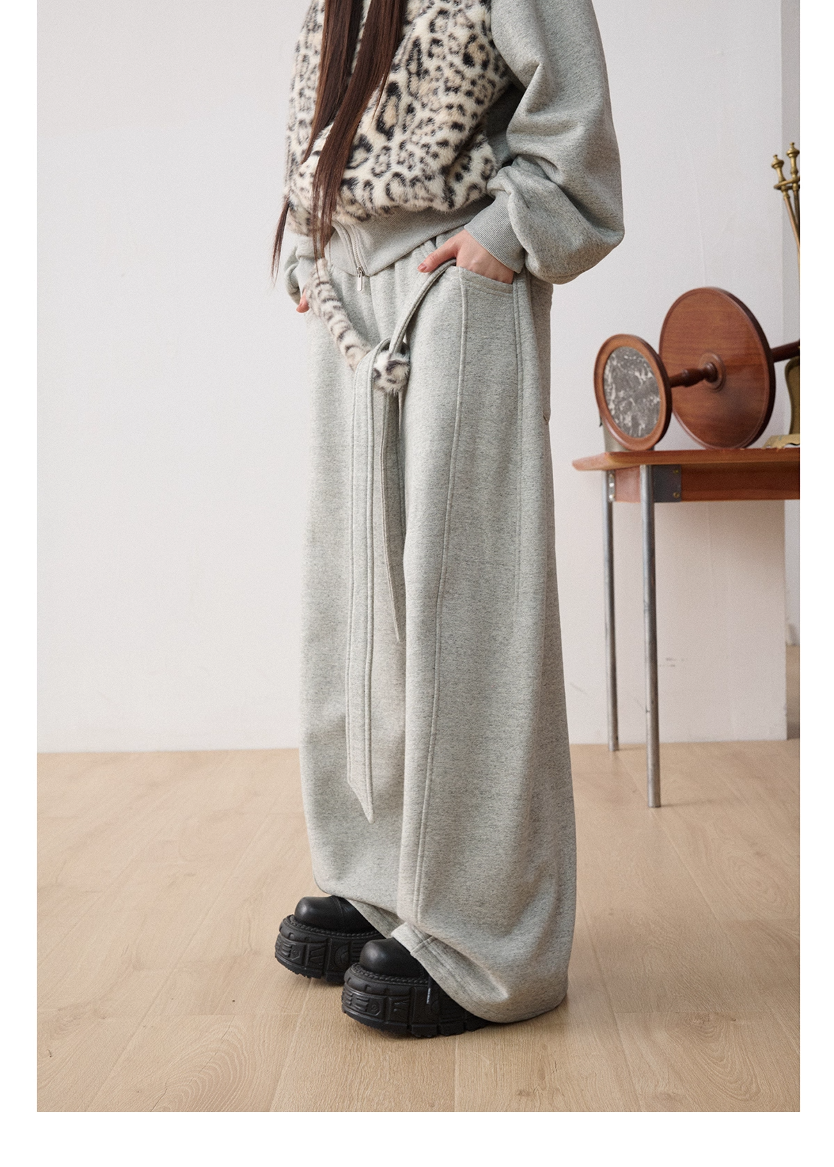 Leopard Faux-Fur Panel Hoodie & Pants　X3487