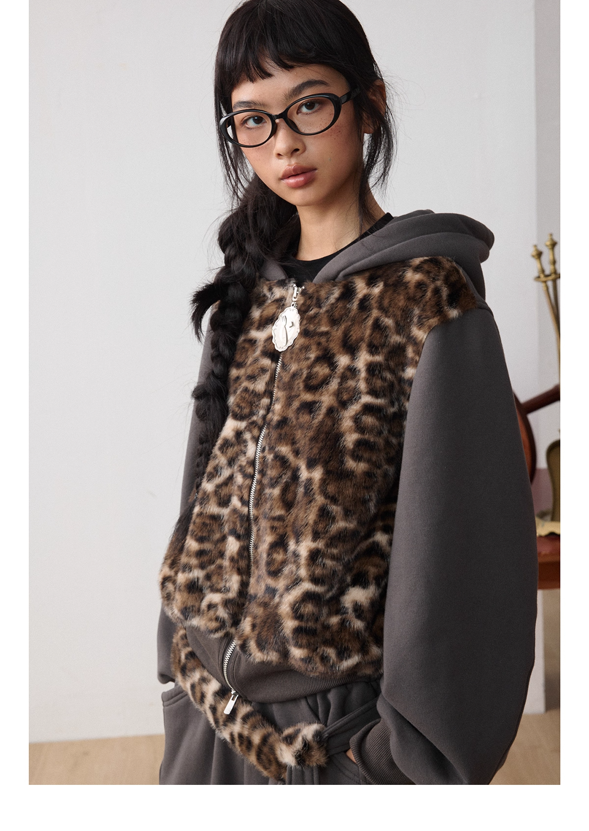 Leopard Faux-Fur Panel Hoodie & Pants　X3487