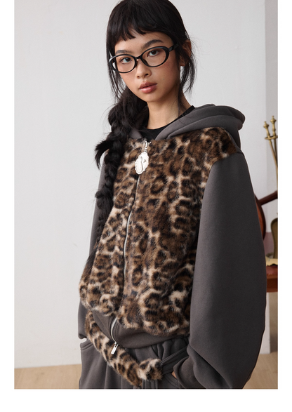 Leopard Faux-Fur Panel Hoodie & Pants　X3487