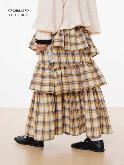 Autumn Winter Brushed Retro Check Tiered Skirt X3406
