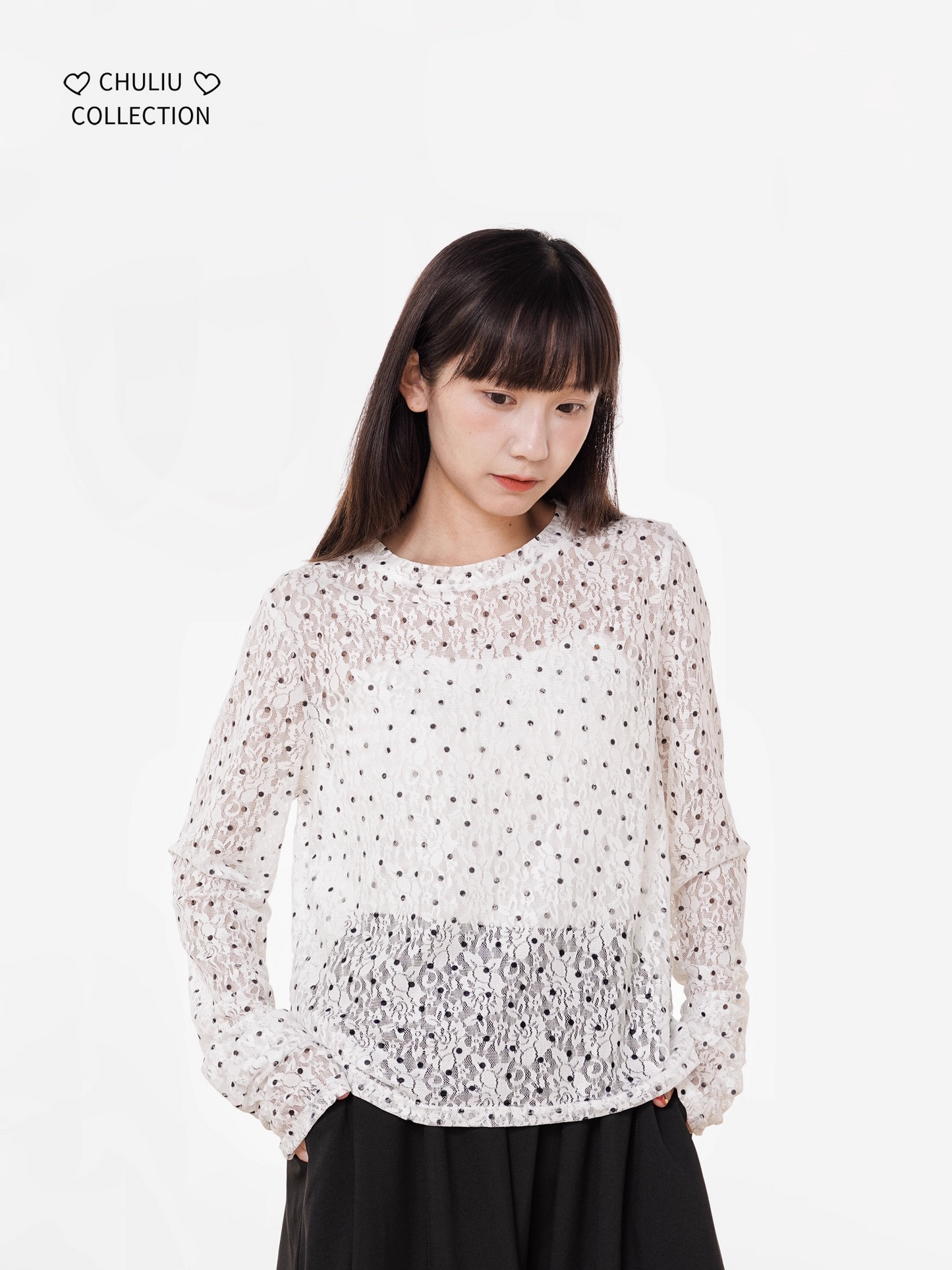 Retro Polka Dot Lace Stretch Loose Top X3398