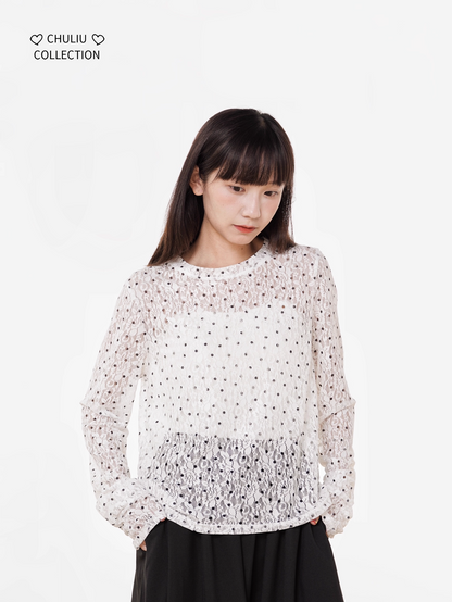 Retro Polka Dot Lace Stretch Loose Top X3398