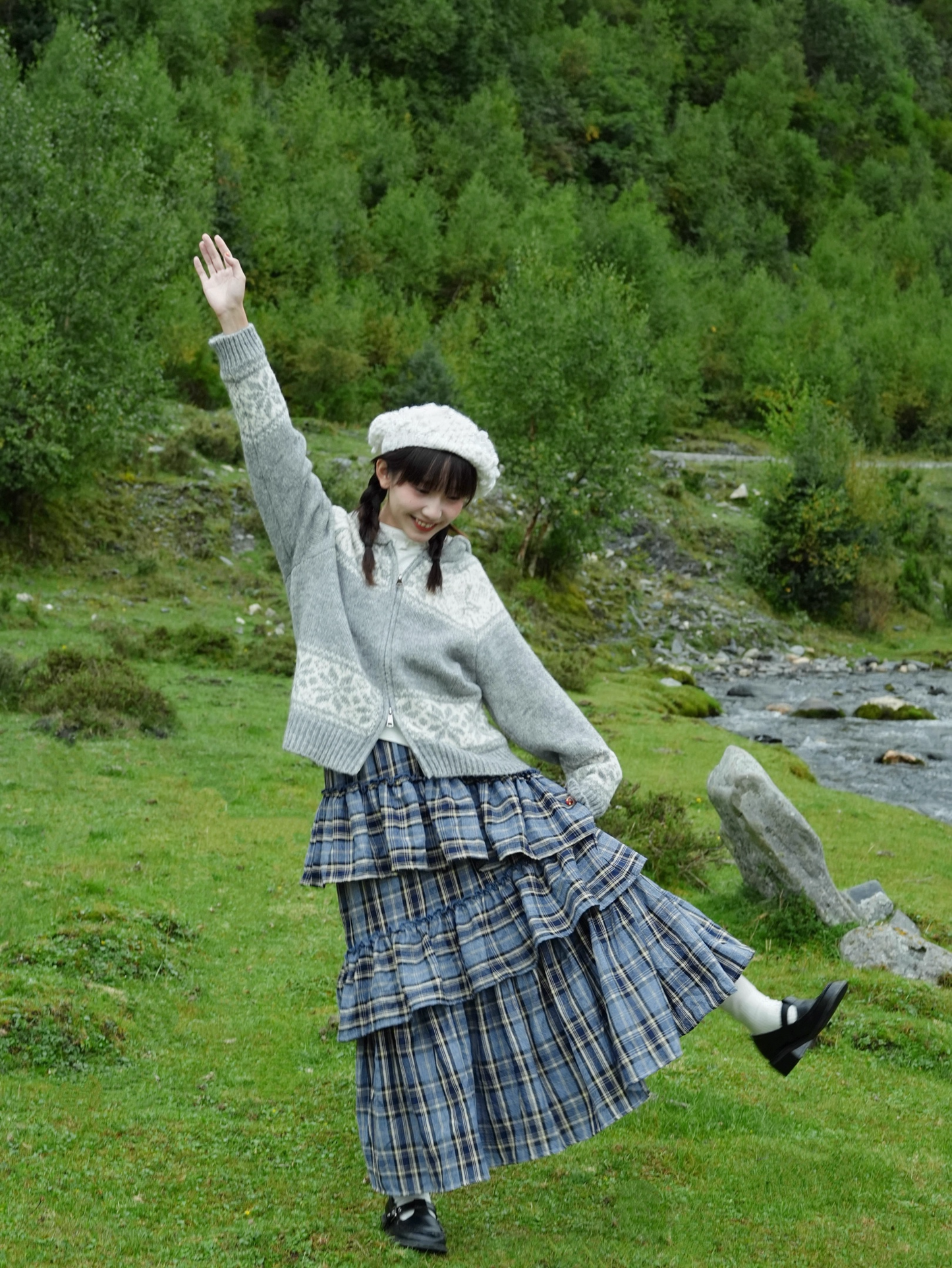 Autumn Winter Brushed Retro Check Tiered Skirt X3406