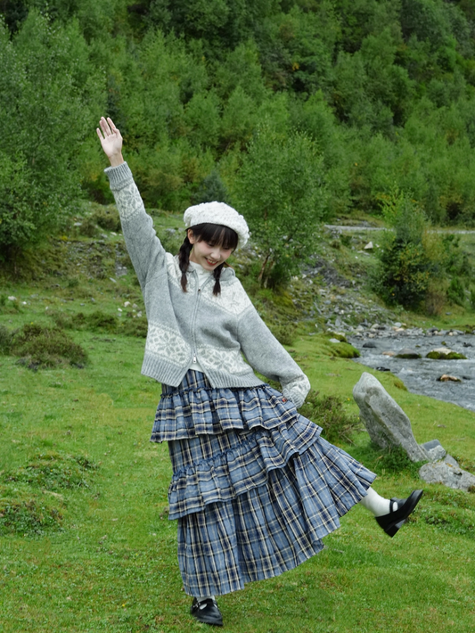 Autumn Winter Brushed Retro Check Tiered Skirt X3406
