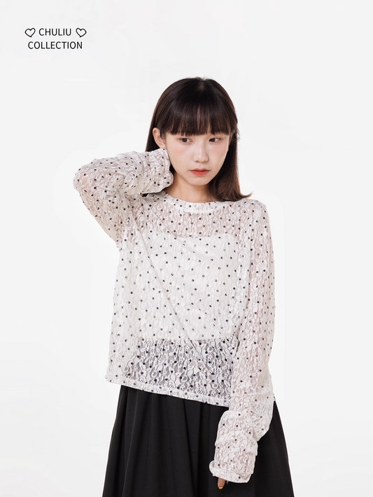Retro Polka Dot Lace Stretch Loose Top X3398