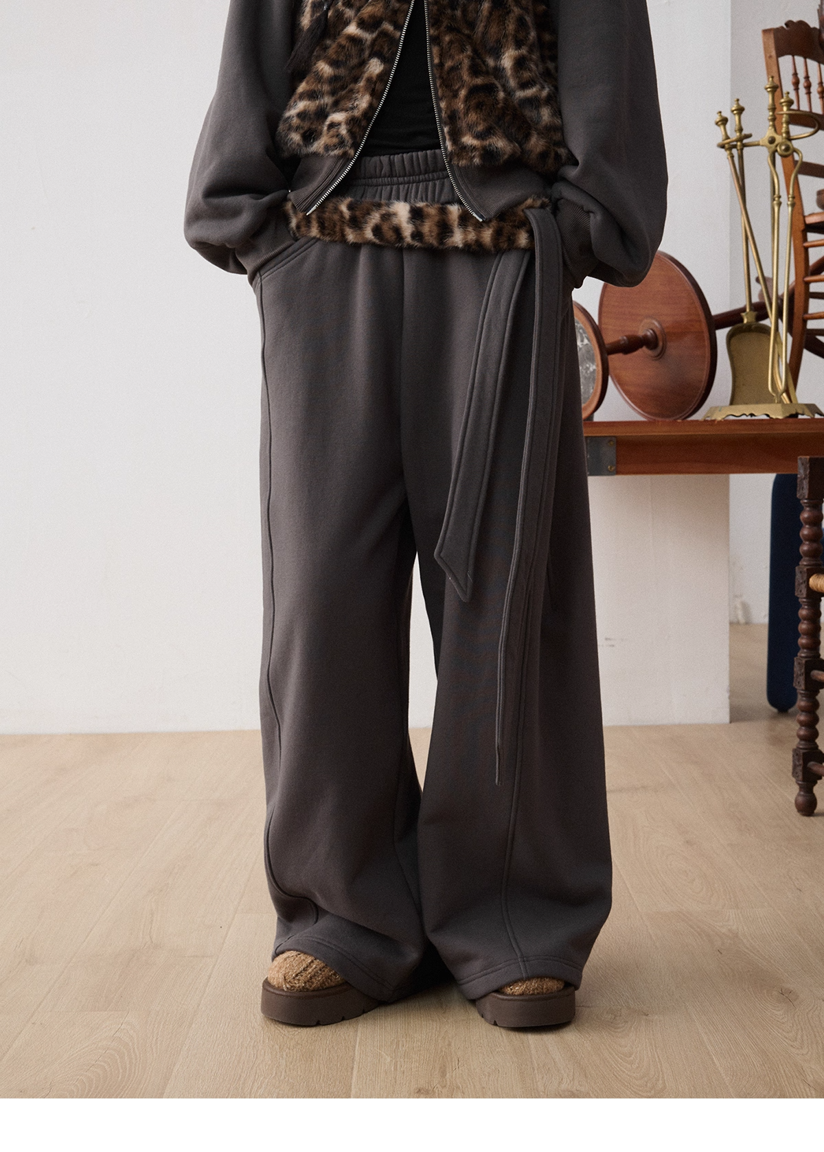 Leopard Faux-Fur Panel Hoodie & Pants　X3487