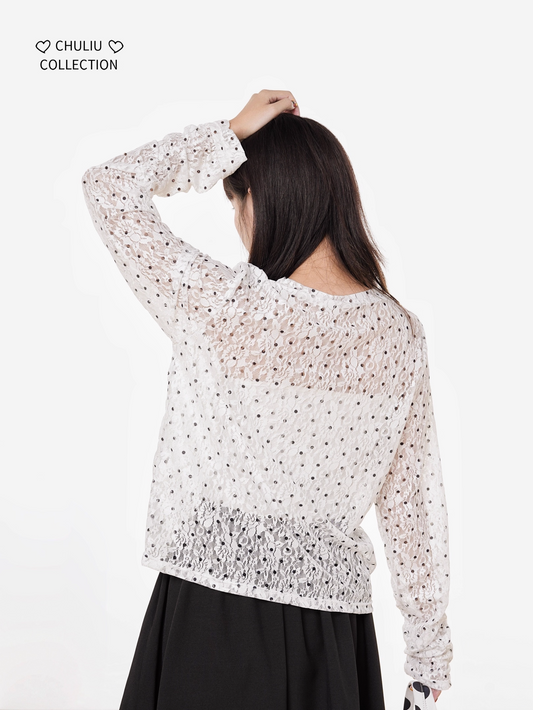 Retro Polka Dot Lace Stretch Loose Top X3398