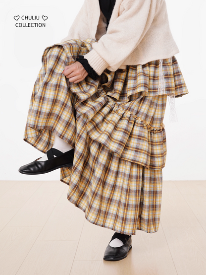 Autumn Winter Brushed Retro Check Tiered Skirt X3406