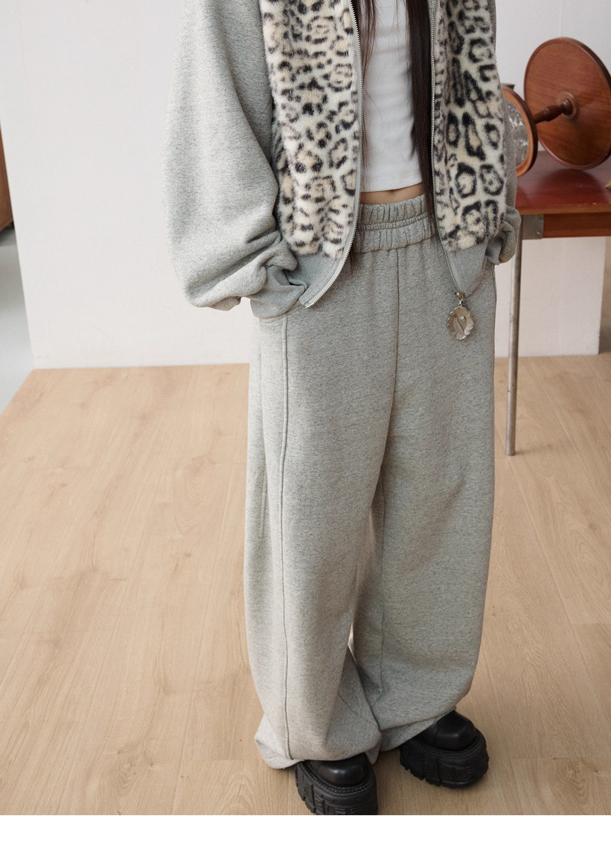 Leopard Faux-Fur Panel Hoodie & Pants　X3487