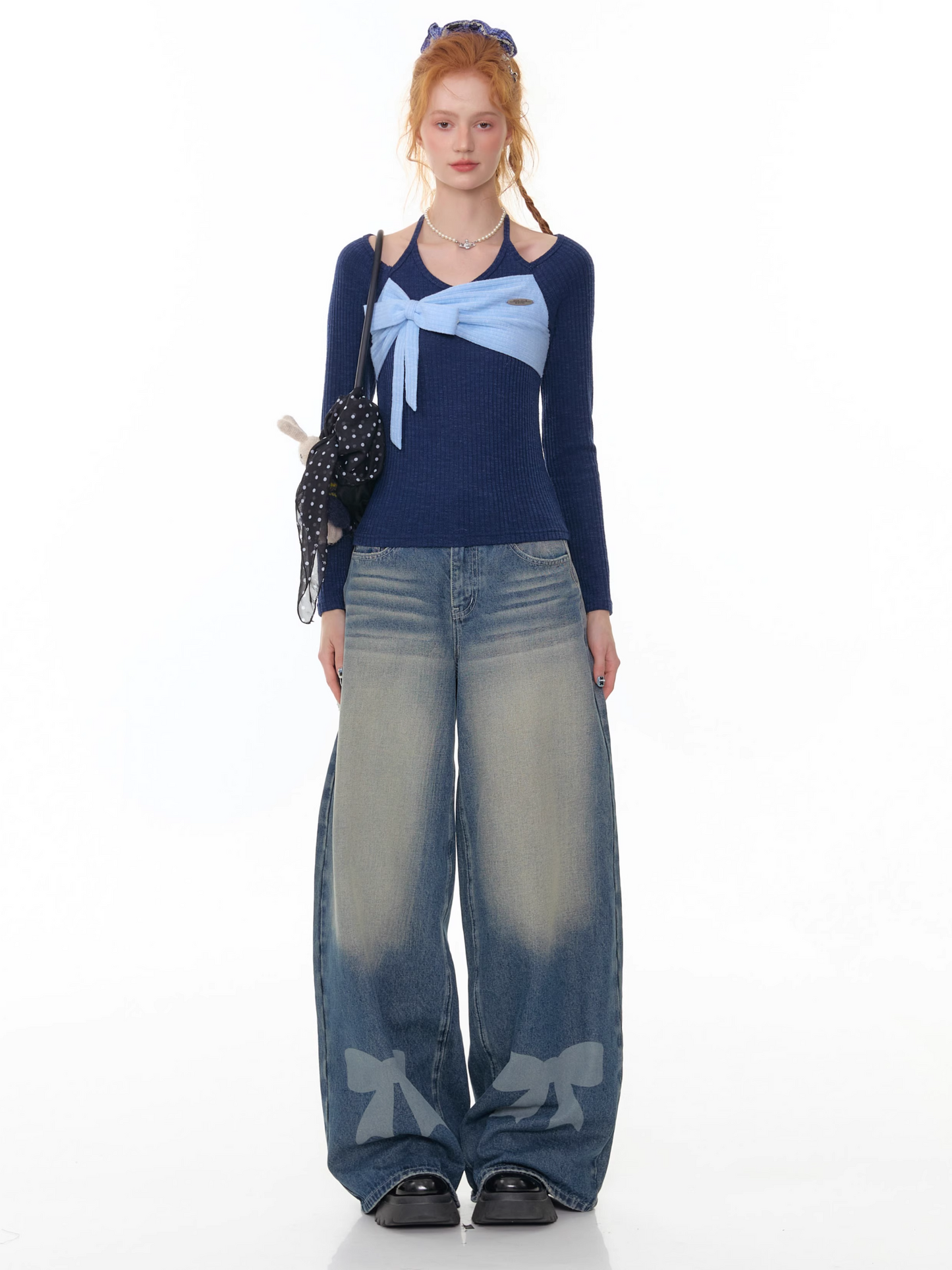 High Waist Wide-leg Straight Denim Pants with Bow　X3383