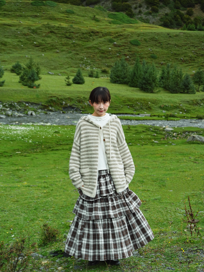 Autumn Winter Brushed Retro Check Tiered Skirt X3406