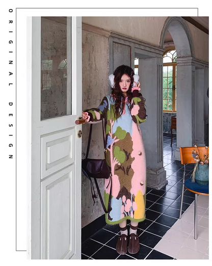 Half-Zip High-Neck Jacquard Knit Dress　X3500
