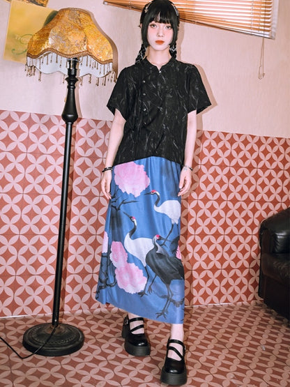 Crane motif long skirt X2780