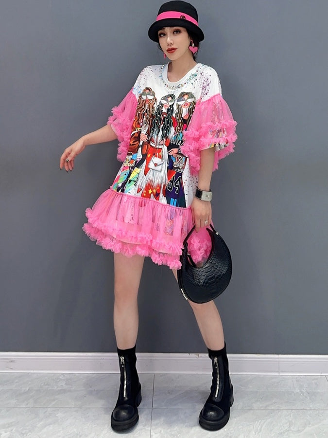 Girls Printed Frill Decoration T-shirt Dress X2696