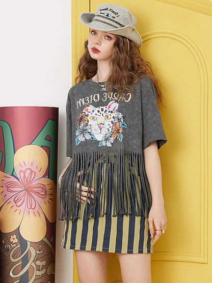 Vintage Fringe Print Loose Fit T-Shirt　X3237