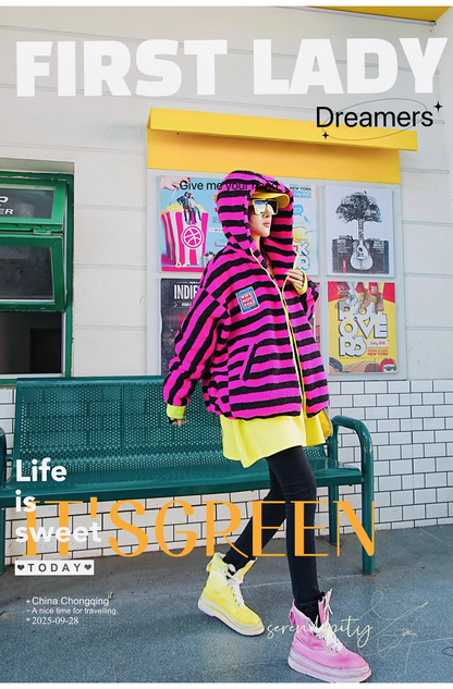 Striped Sherpa Fleece Colorblock Hoodie Jacket　X3408