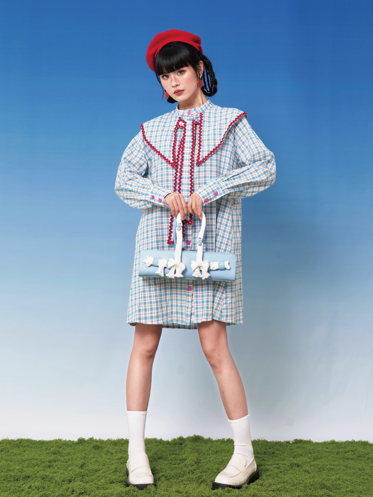 Blue Plaid Doll Collar Short Shirt Dress X3396