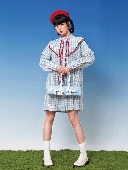 Blue Plaid Doll Collar Short Shirt Dress X3396