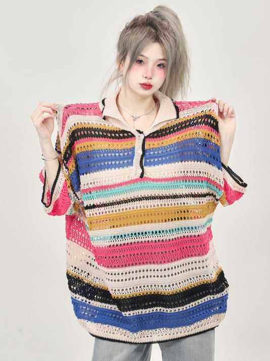 Retro colorful striped summer knit polo shirt X2737