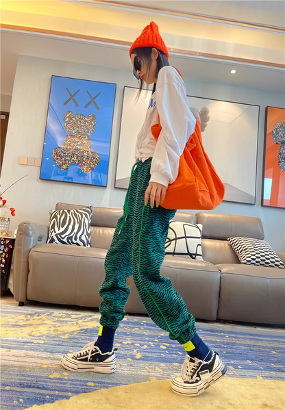 秋季豹紋高腰修身抽繩慢跑運動褲 X3501