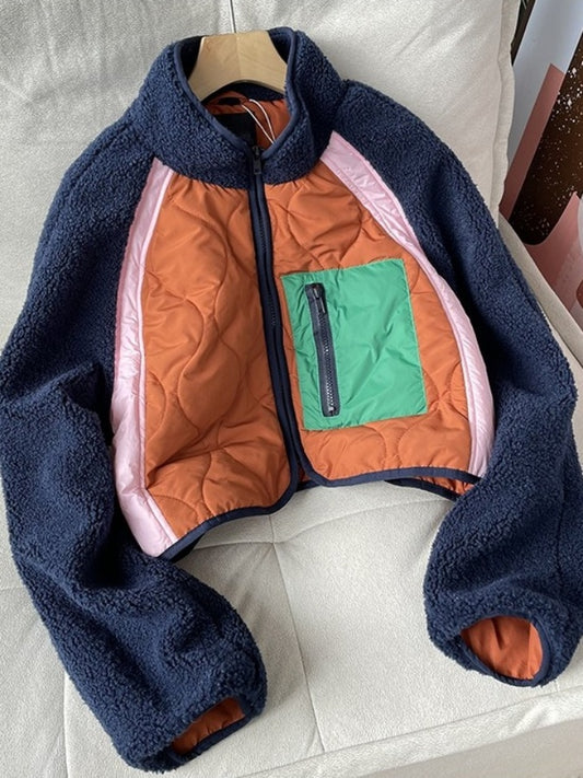 Color block fleece cropped jacket X2563