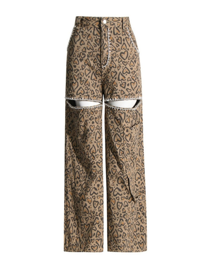 Leopard cut-out casual pants X2788