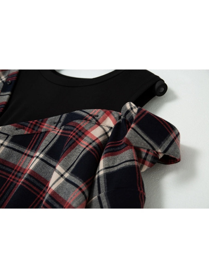 Fake two-piece check pattern shirt X2783