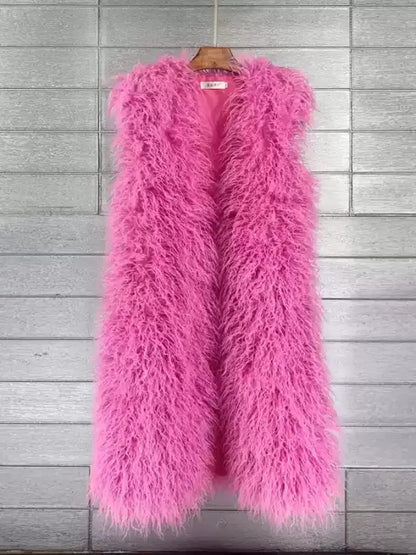 Round neck faux fur long vest jacket X2857