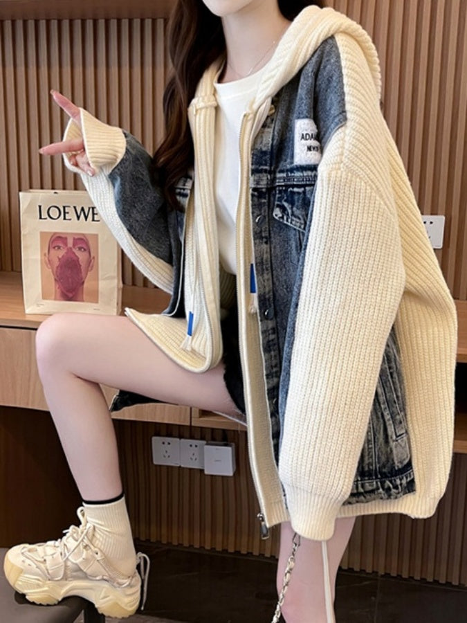 Denim patchwork knit sweater jacket X2940