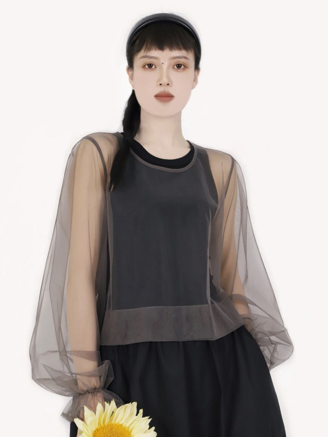 See-through mesh lantern sleeve pullover X2756