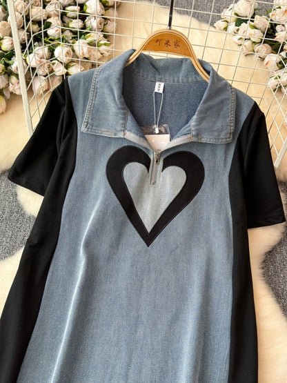 Bicolor Heart Denim Dress X2770