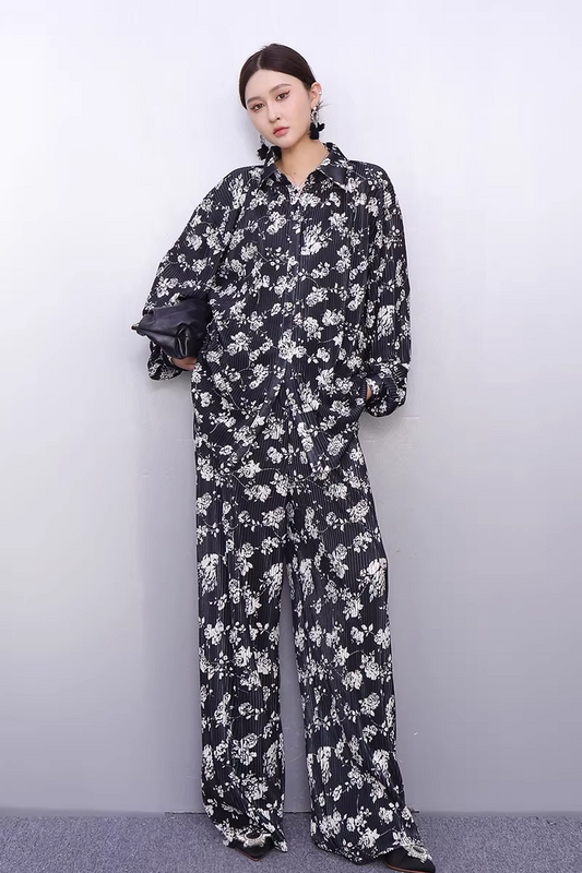 Draped Floral Print Shirt & Wide-Leg Pants Set　X3519