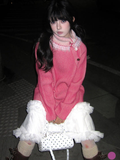 Pink Stripe Ruffle Rong Sweater　X2990