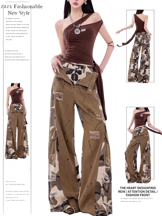 Vintage Camouflage Patchwork Cargo Denim Pants X3322