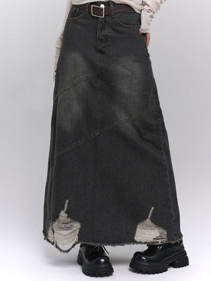 Washed damaged denim skirt X2827