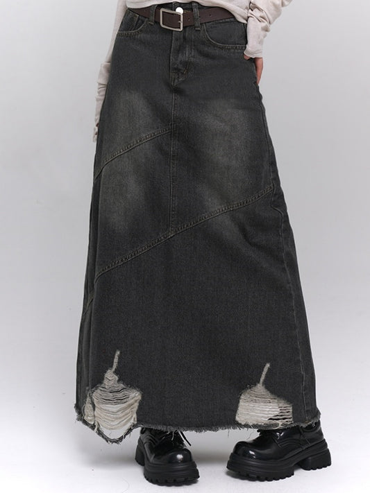 Washed Damaged Denim Skirt X2827