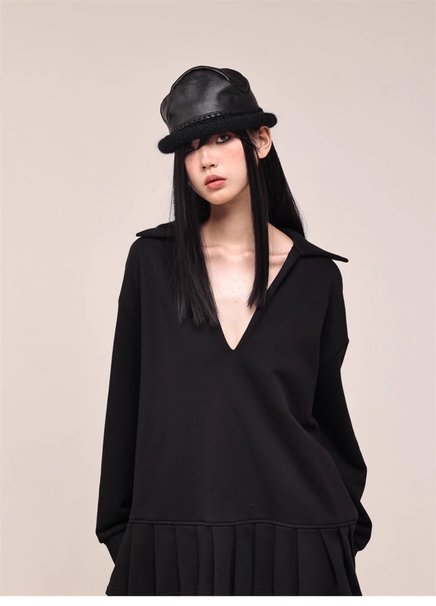 Asymmetric PU-Leather Wool Knit Bucket Hat　X3441
