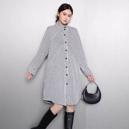 Striped Stand-Collar Long Shirt Dress X3521
