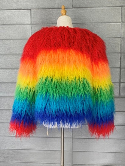 Colorful rainbow color volume silhouette long sleeve fur short jacket X2856