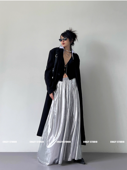 Liquid Silver Metallic A-Line Maxi Skirt　X3337