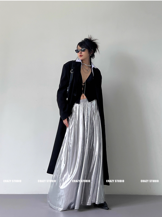 Liquid Silver Metallic A-Line Maxi Skirt　X3337
