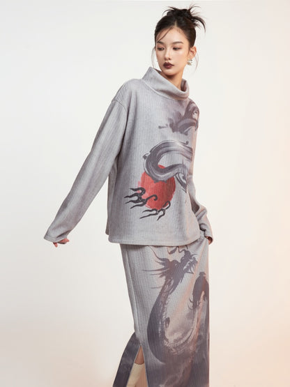 Dragon print high neck pullover/long skirt X2650