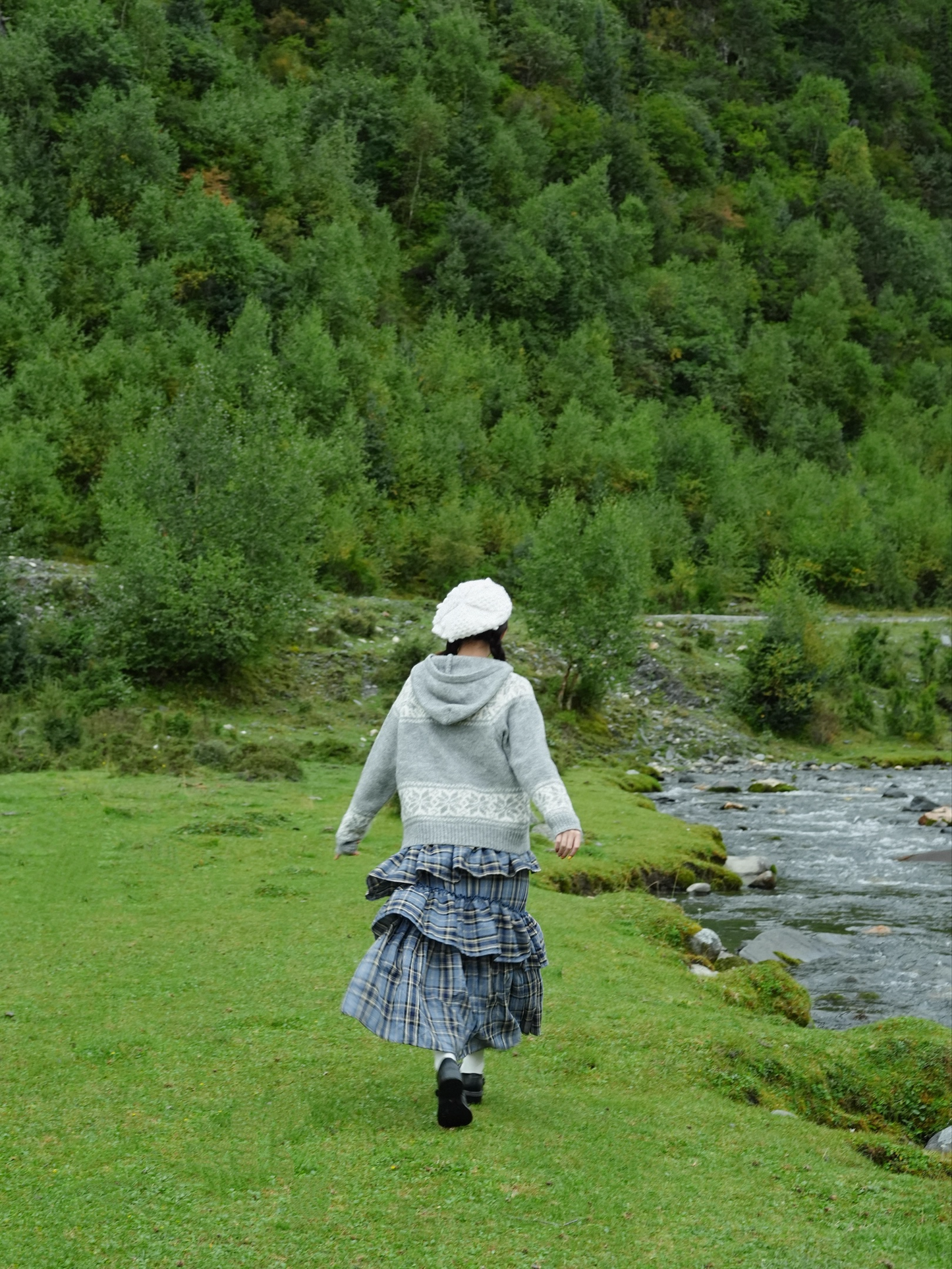 Autumn Winter Brushed Retro Check Tiered Skirt X3406