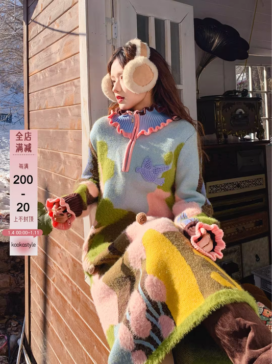 Half-Zip High-Neck Jacquard Knit Dress　X3500