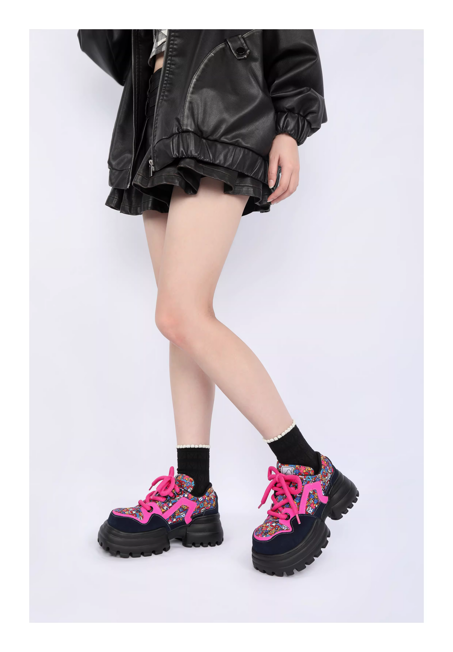 Chunky Platform Colorblock Lace-Up Shoes　X3480