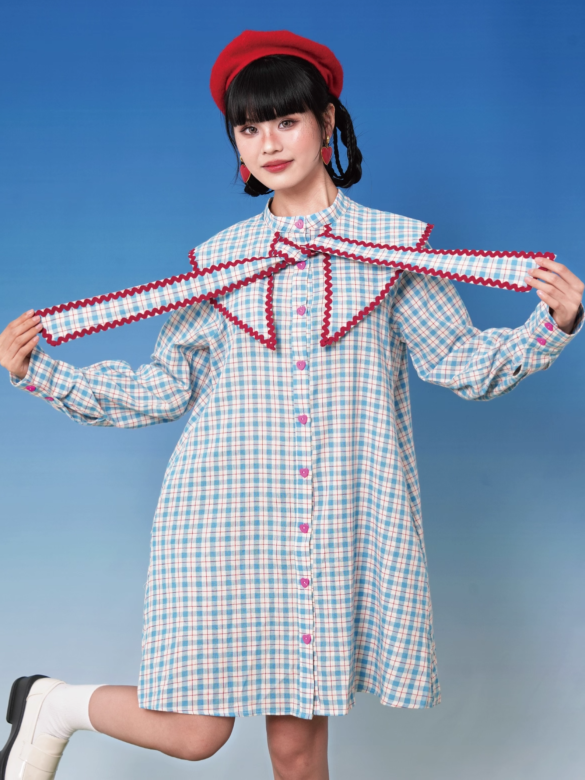 Blue Plaid Doll Collar Short Shirt Dress X3396