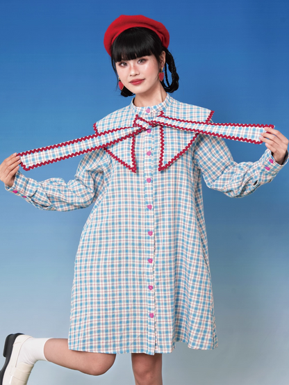 Blue Plaid Doll Collar Short Shirt Dress X3396